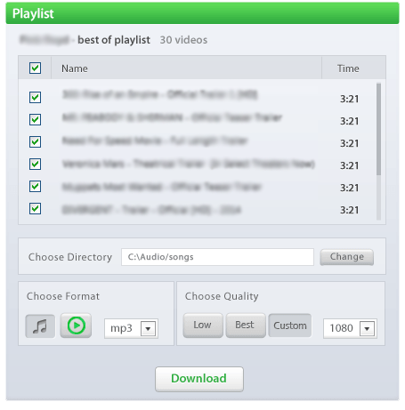 ecranul playlistului By Click Downloader