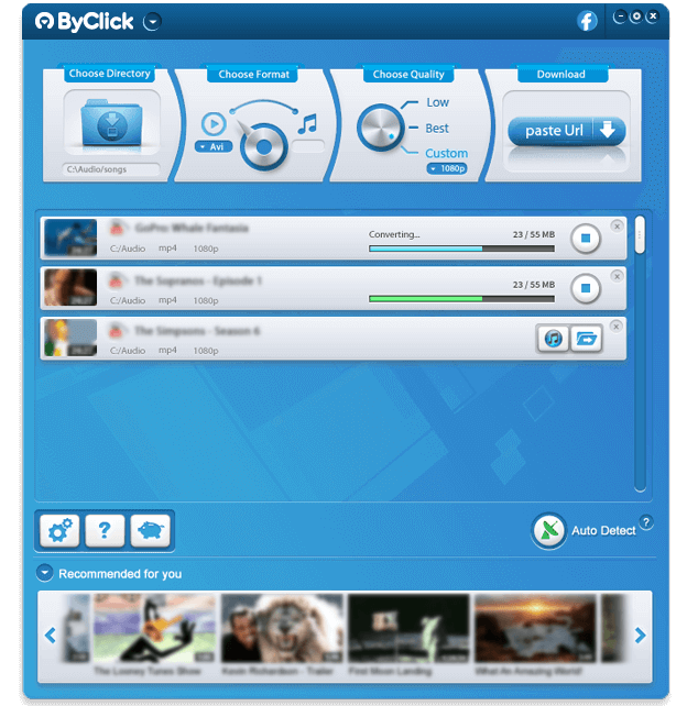 Screen of ByClick Downloader software downloading multiple videos at once